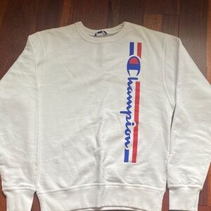Champion Men's White Crewneck Sweater with Red and Blue Accents